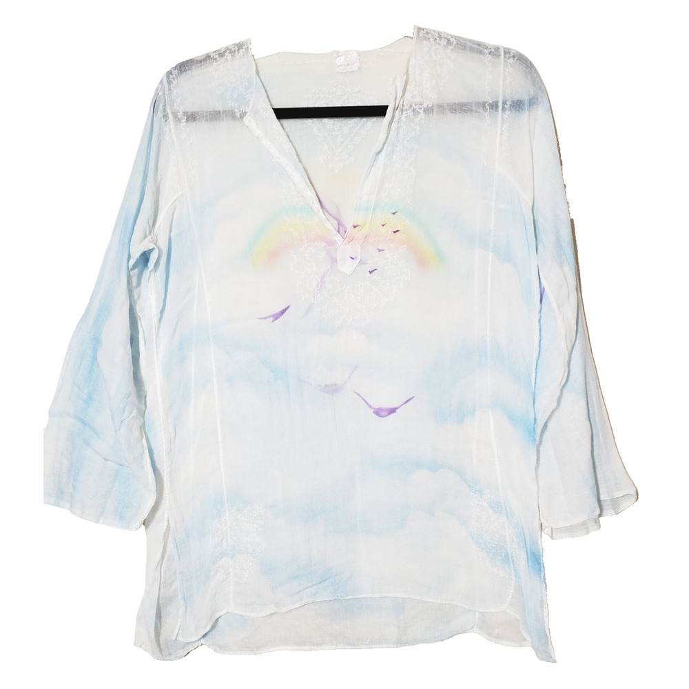 VTG 70s Womens Small‎ Peasant Top White Gauze Embroidered Bohemian Hippie